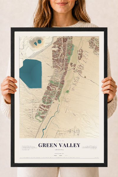 Green Valley, Arizona map print, 18" x 24", W/ Black Ayous Wood Frame