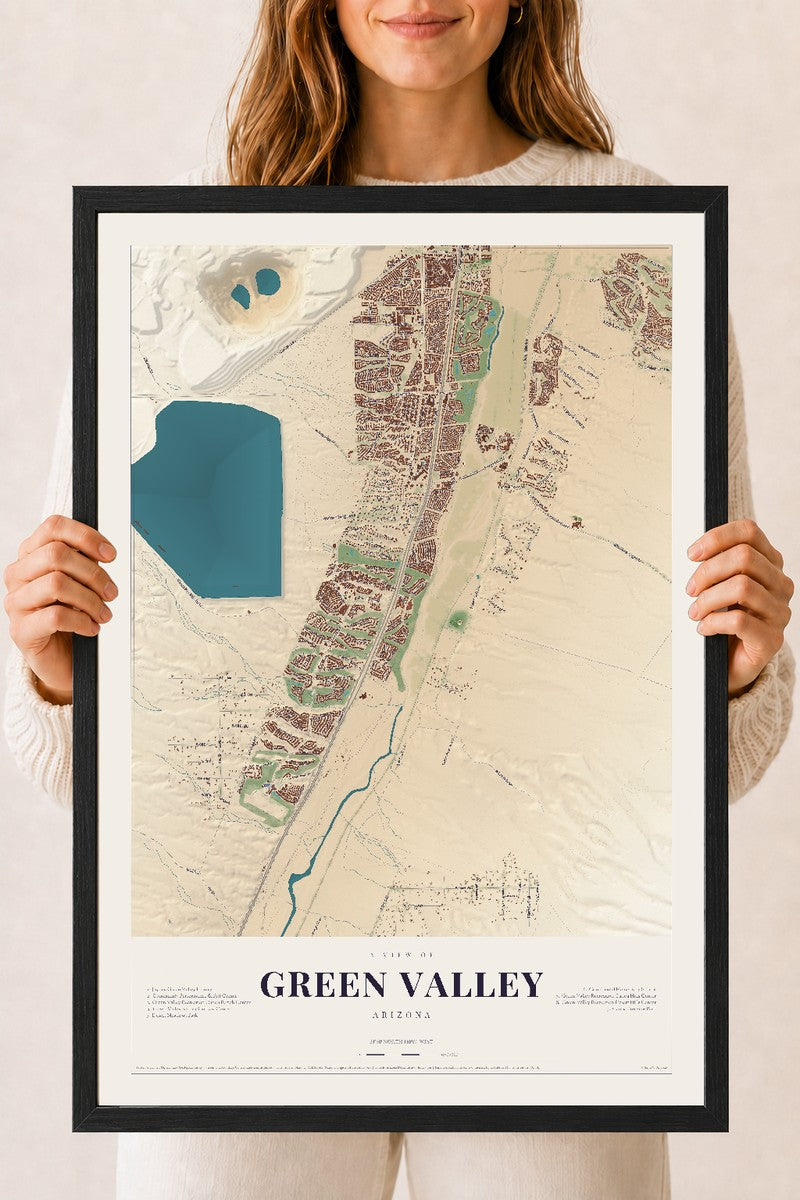 Green Valley, Arizona map print, 18" x 24", W/ Black Ayous Wood Frame
