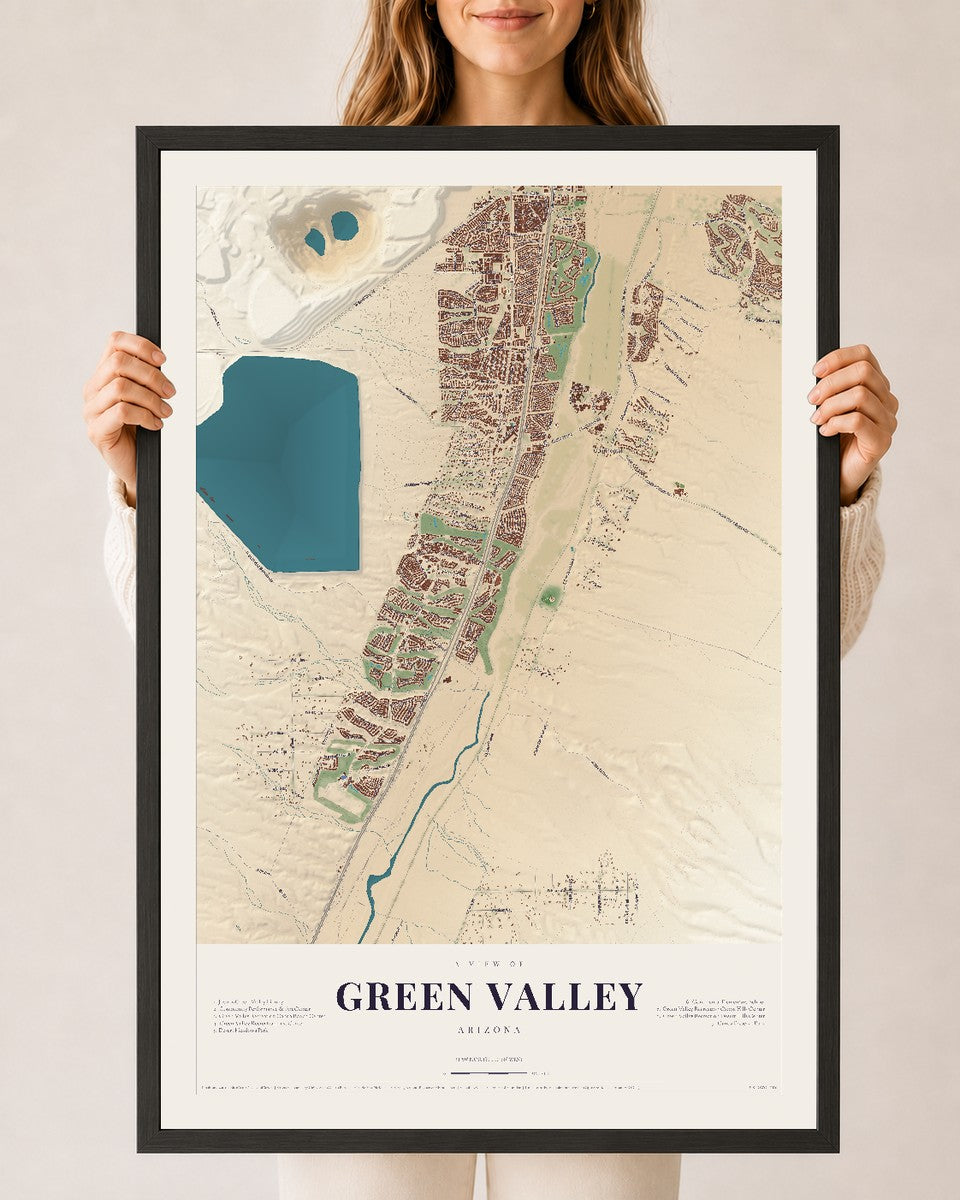 Green Valley, Arizona map print, 24" x 36", W/ Black Ayous Wood Frame