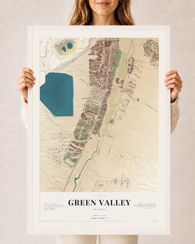 Green Valley, Arizona map print, 24" x 36", W/ White Ayous Wood Frame