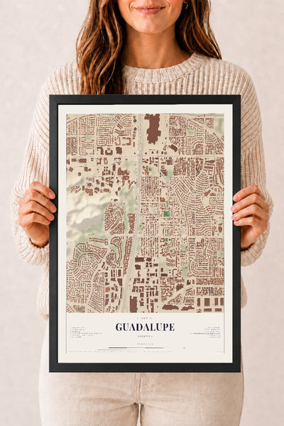 Guadalupe, Arizona map print, 12" x 18", W/ Black Ayous Wood Frame