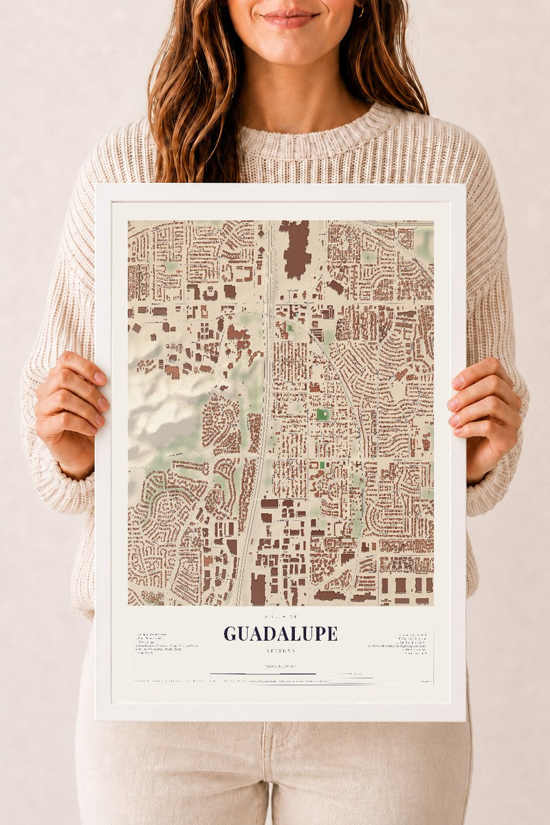 Guadalupe, Arizona map print, 12" x 18", W/ White Ayous Wood Frame