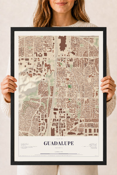 Guadalupe, Arizona map print, 18" x 24", W/ Black Ayous Wood Frame