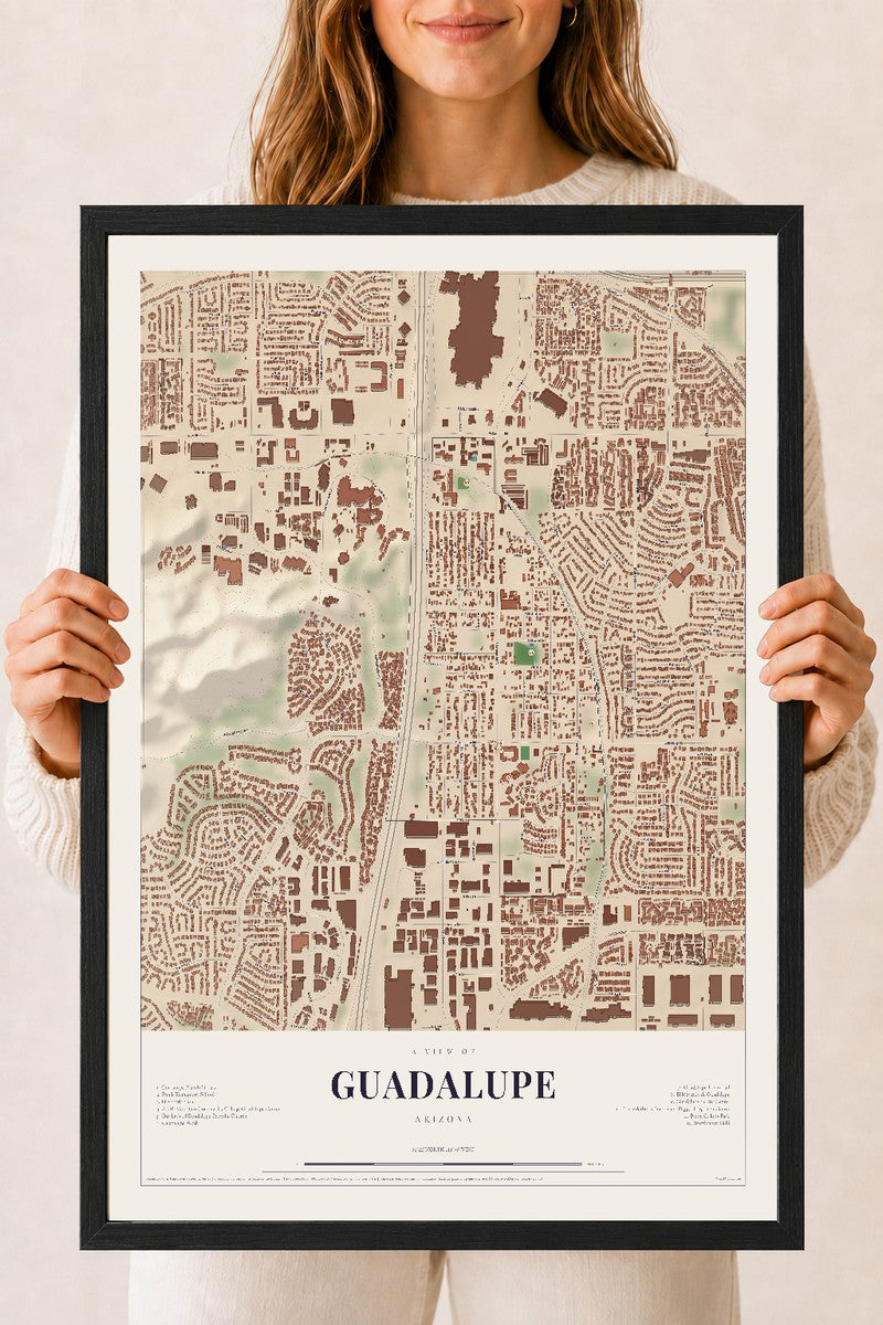 Guadalupe, Arizona map print, 18" x 24", W/ Black Ayous Wood Frame
