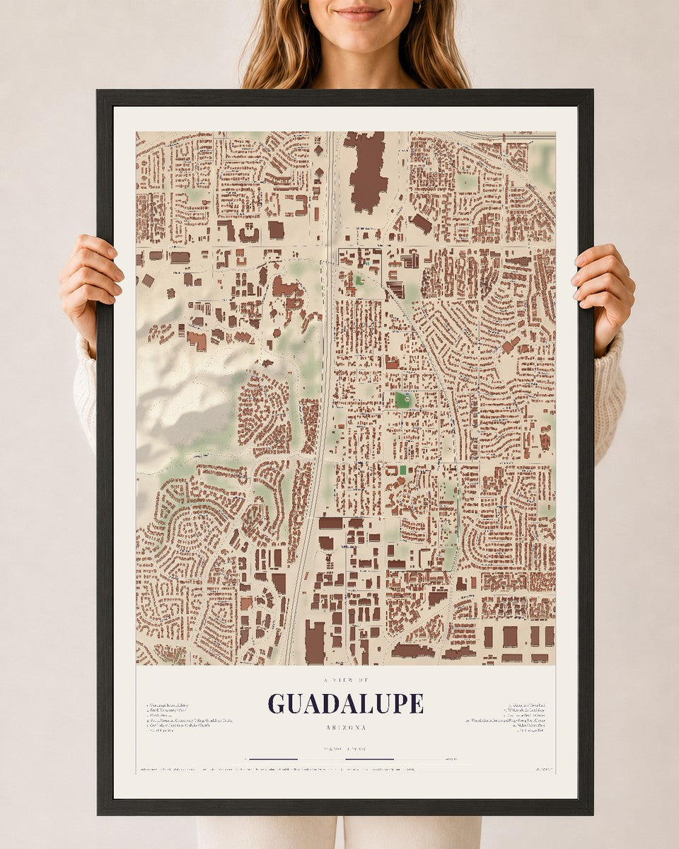 Guadalupe, Arizona map print, 24" x 36", W/ Black Ayous Wood Frame
