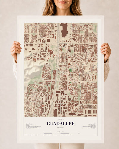 Guadalupe, Arizona map print, 24" x 36", W/ White Ayous Wood Frame