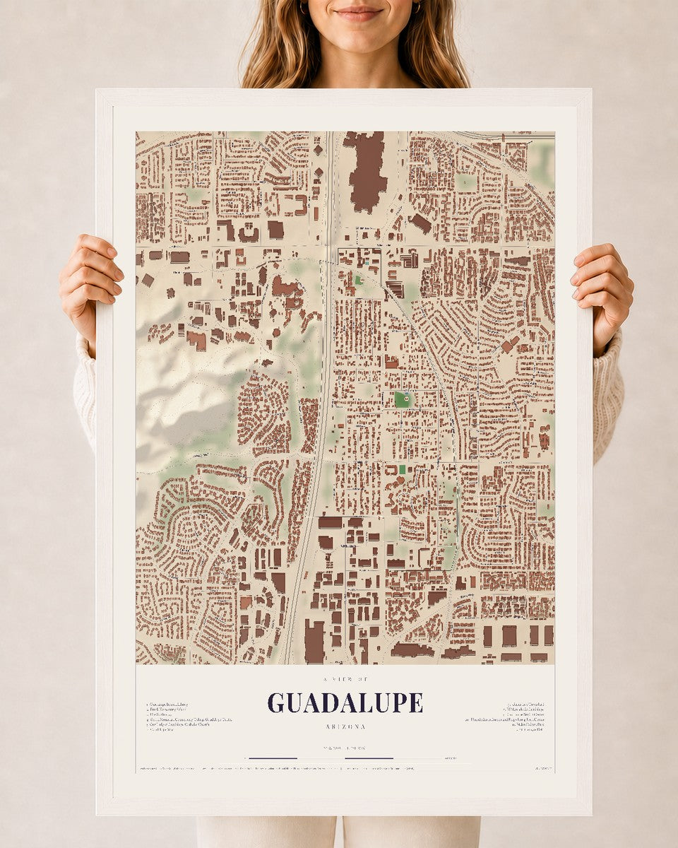 Guadalupe, Arizona map print, 24" x 36", W/ White Ayous Wood Frame