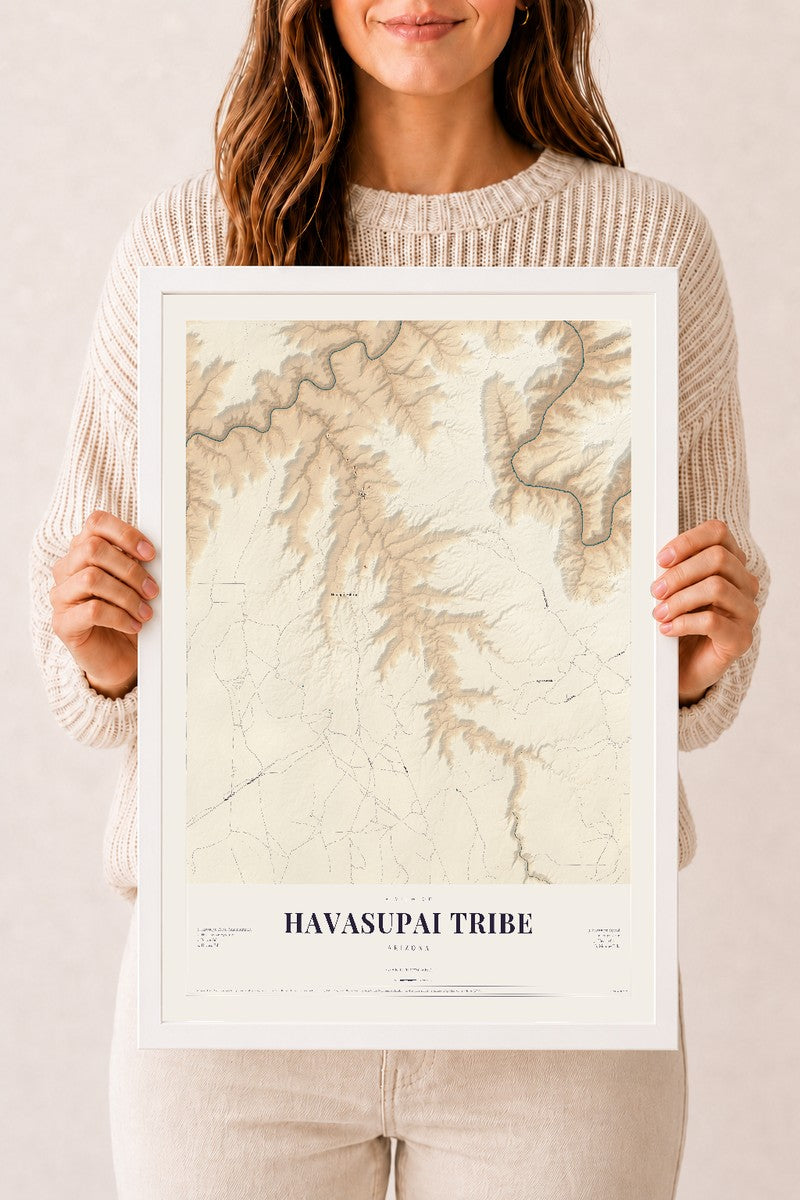 Havasupai Tribe, Arizona map print, 12" x 18", W/ White Ayous Wood Frame