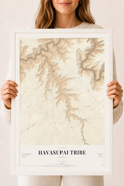 Havasupai Tribe, Arizona map print, 18" x 24", W/ White Ayous Wood Frame