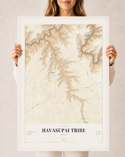 Havasupai Tribe, Arizona map print, 24" x 36", W/ White Ayous Wood Frame