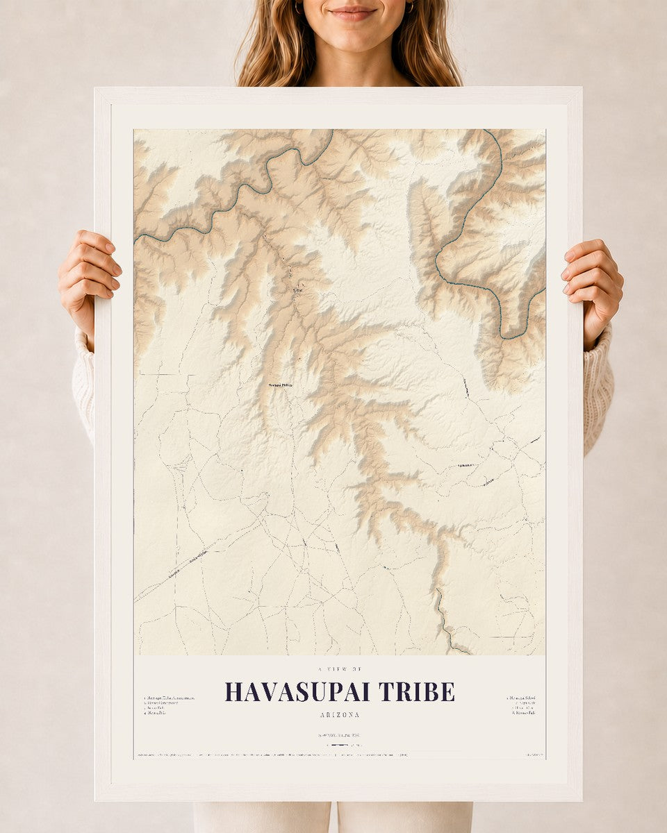 Havasupai Tribe, Arizona map print, 24" x 36", W/ White Ayous Wood Frame