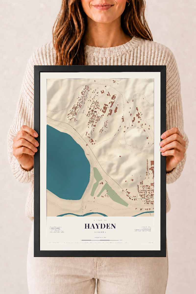 Hayden, Arizona map print, 12" x 18", W/ Black Ayous Wood Frame