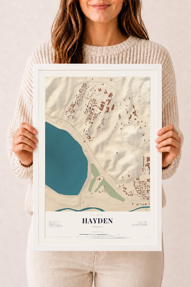 Hayden, Arizona map print, 12" x 18", W/ White Ayous Wood Frame