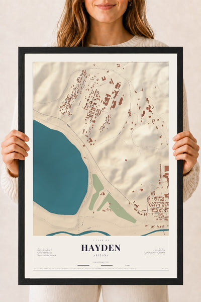 Hayden, Arizona map print, 18" x 24", W/ Black Ayous Wood Frame