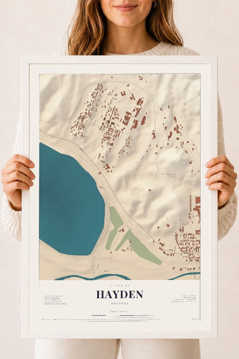 Hayden, Arizona map print, 18" x 24", W/ White Ayous Wood Frame