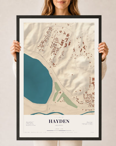 Hayden, Arizona map print, 24" x 36", W/ Black Ayous Wood Frame
