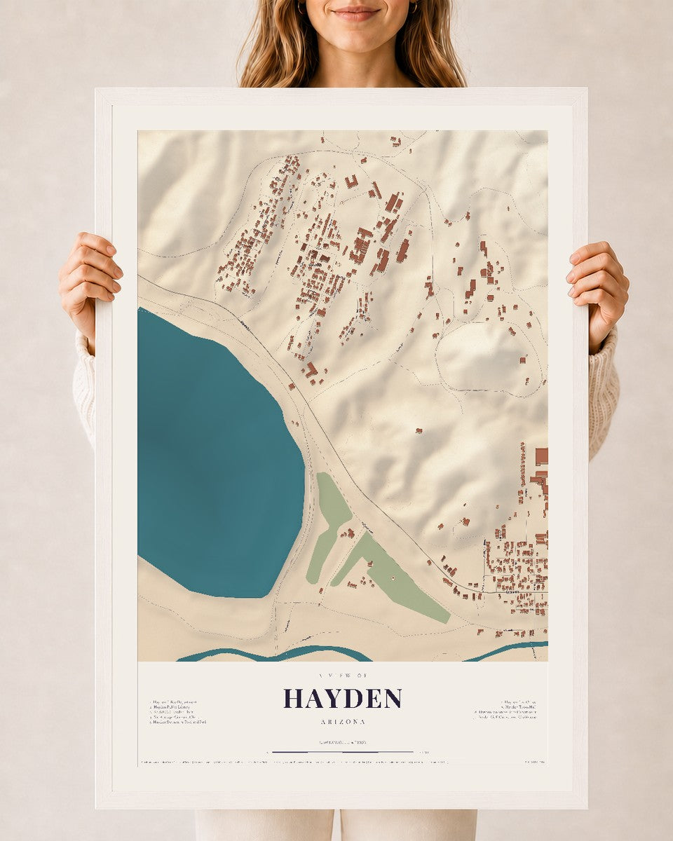 Hayden, Arizona map print, 24" x 36", W/ White Ayous Wood Frame