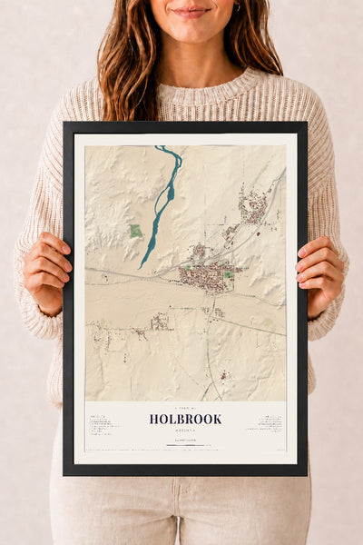 Holbrook, Arizona map print, 12" x 18", W/ Black Ayous Wood Frame