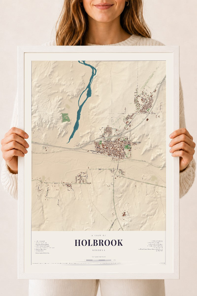 Holbrook, Arizona map print, 18" x 24", W/ White Ayous Wood Frame