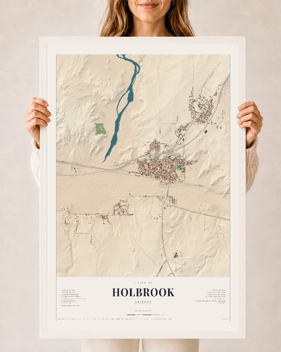 Holbrook, Arizona map print, 24" x 36", W/ White Ayous Wood Frame
