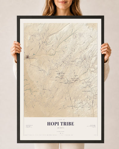 Hopi Tribe, Arizona map print, 24" x 36", W/ Black Ayous Wood Frame