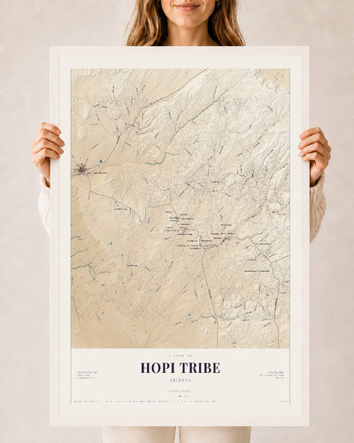 Hopi Tribe, Arizona map print, 24" x 36", W/ White Ayous Wood Frame