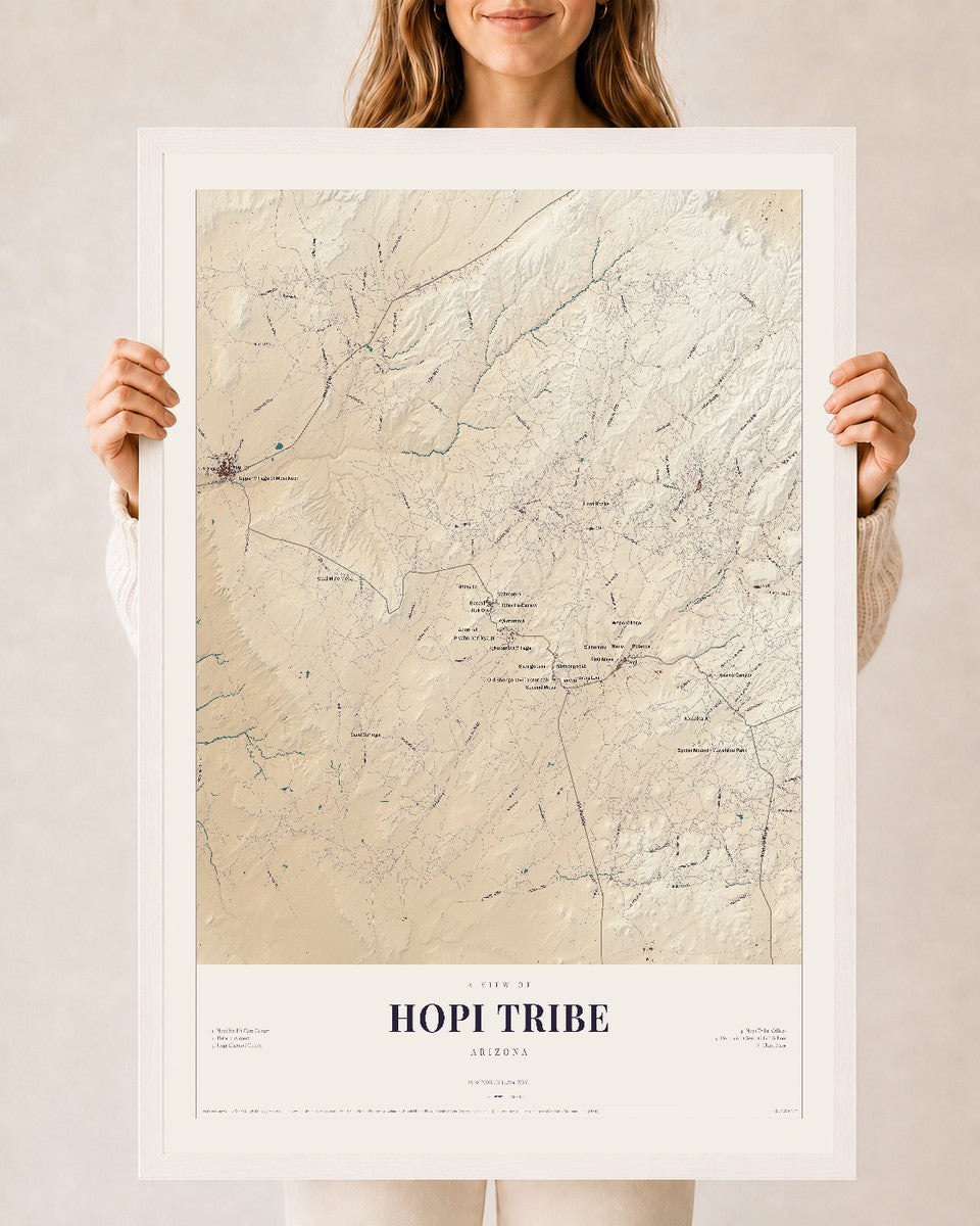 Hopi Tribe, Arizona map print, 24" x 36", W/ White Ayous Wood Frame