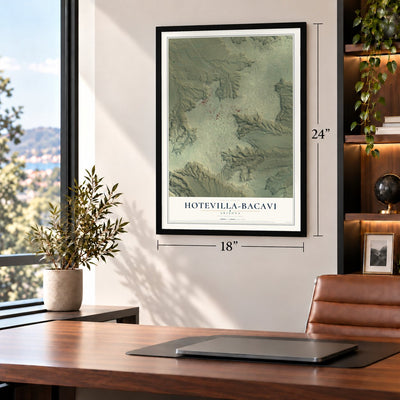 Hotevilla-Bacavi, Arizona map, 18 x 24 inch print in a black frame in a home office