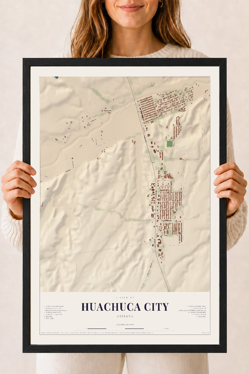 Huachuca City, Arizona map print, 18" x 24", W/ Black Ayous Wood Frame