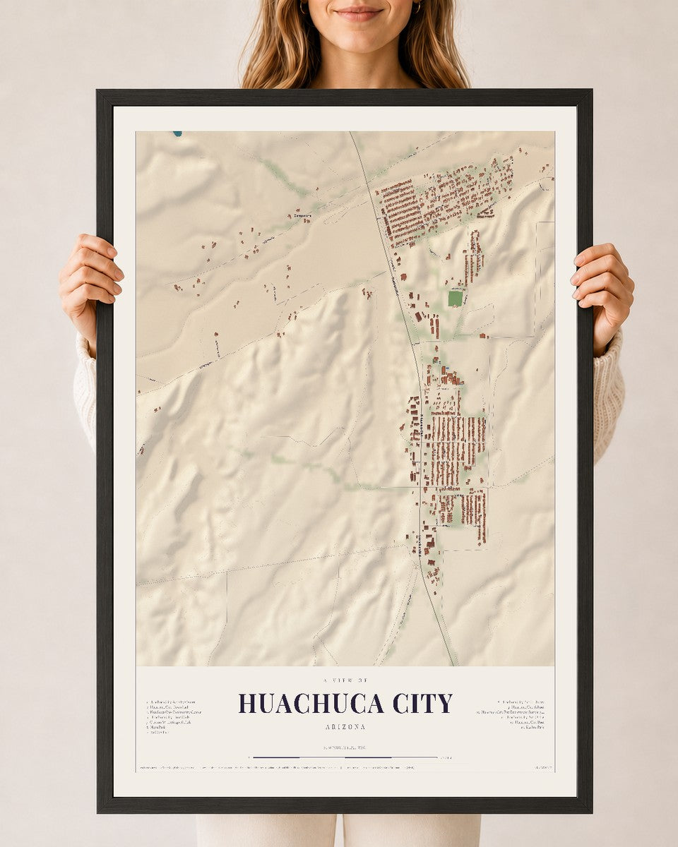 Huachuca City, Arizona map print, 24" x 36", W/ Black Ayous Wood Frame