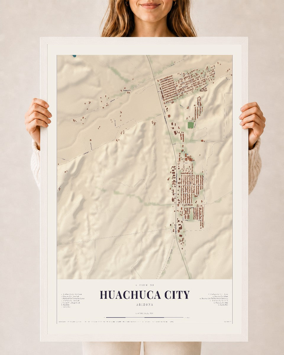 Huachuca City, Arizona map print, 24" x 36", W/ White Ayous Wood Frame