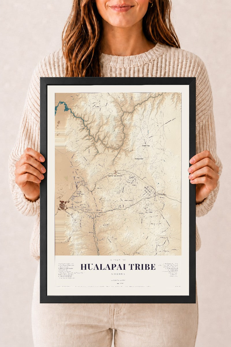 Hualapai Tribe, Arizona map print, 12" x 18", W/ Black Ayous Wood Frame
