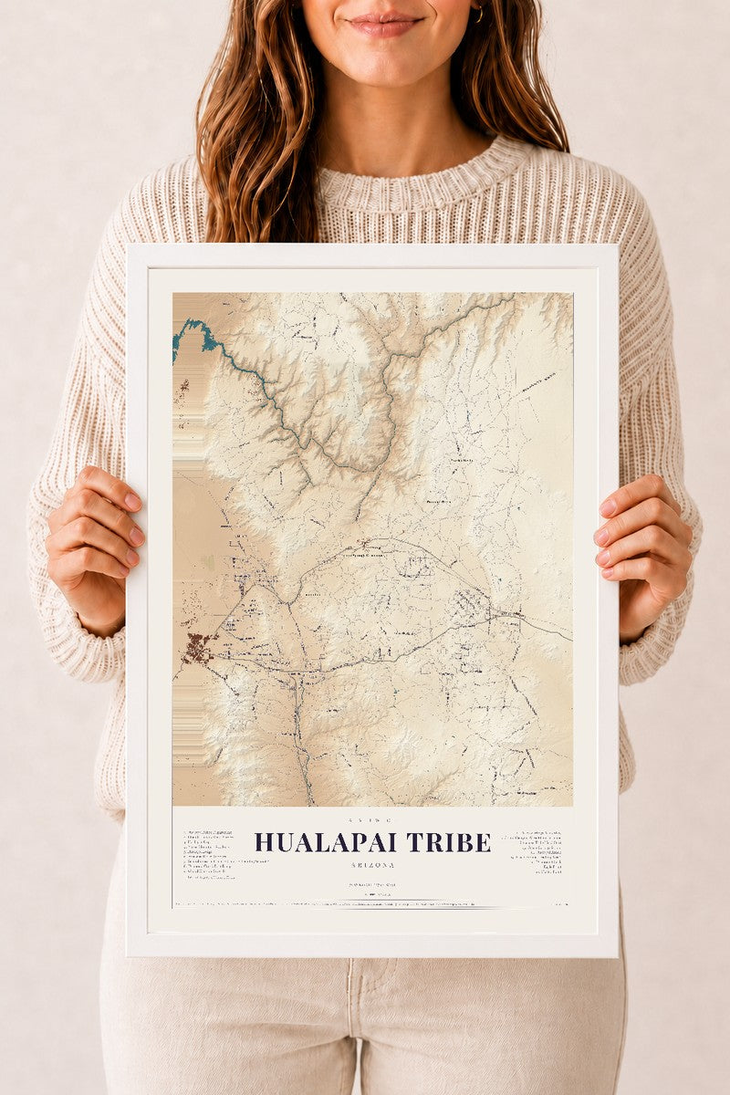 Hualapai Tribe, Arizona map print, 12" x 18", W/ White Ayous Wood Frame