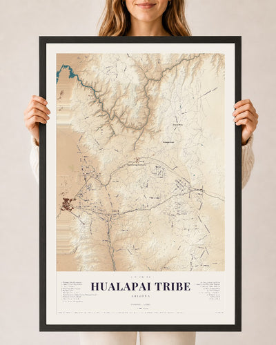 Hualapai Tribe, Arizona map print, 24" x 36", W/ Black Ayous Wood Frame