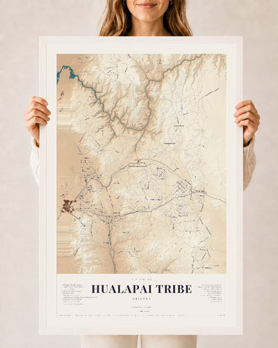 Hualapai Tribe, Arizona map print, 24" x 36", W/ White Ayous Wood Frame