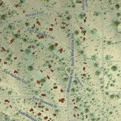 Close-up of the map of J-Six Ranchettes, Arizona print showing street and building detail