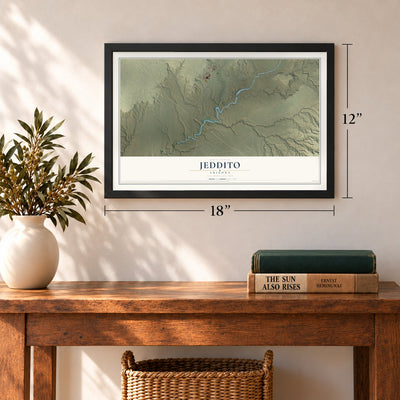 Jeddito, Arizona map, 12 x 18 inch print in a black frame in an entryway