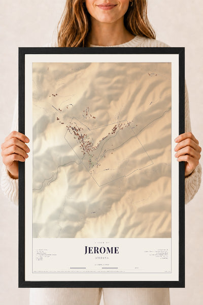 Jerome, Arizona map print, 18" x 24", W/ Black Ayous Wood Frame
