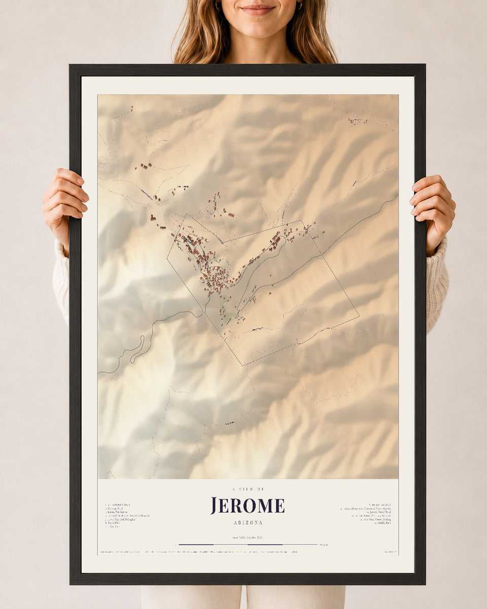 Jerome, Arizona map print, 24" x 36", W/ Black Ayous Wood Frame