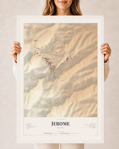 Jerome, Arizona map print, 24" x 36", W/ White Ayous Wood Frame