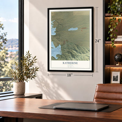 Katherine, Arizona map, 18 x 24 inch print in a black frame in a home office