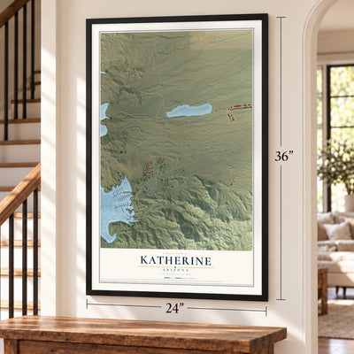 Katherine, Arizona map, 24 x 36 inch print in a black frame by a staircase