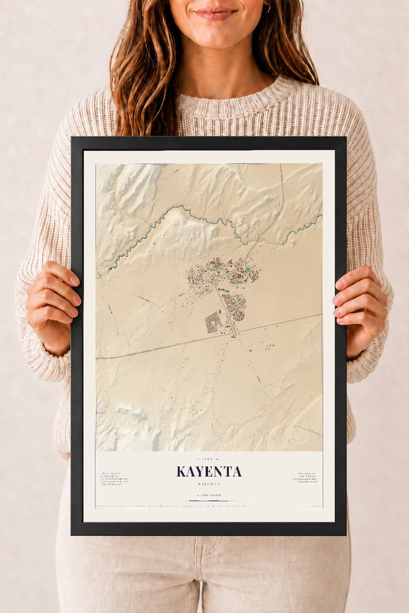Kayenta, Arizona map print, 12" x 18", W/ Black Ayous Wood Frame