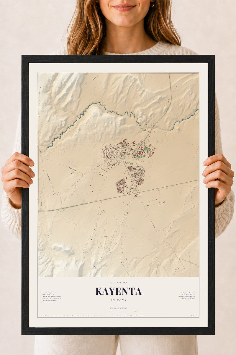 Kayenta, Arizona map print, 18" x 24", W/ Black Ayous Wood Frame