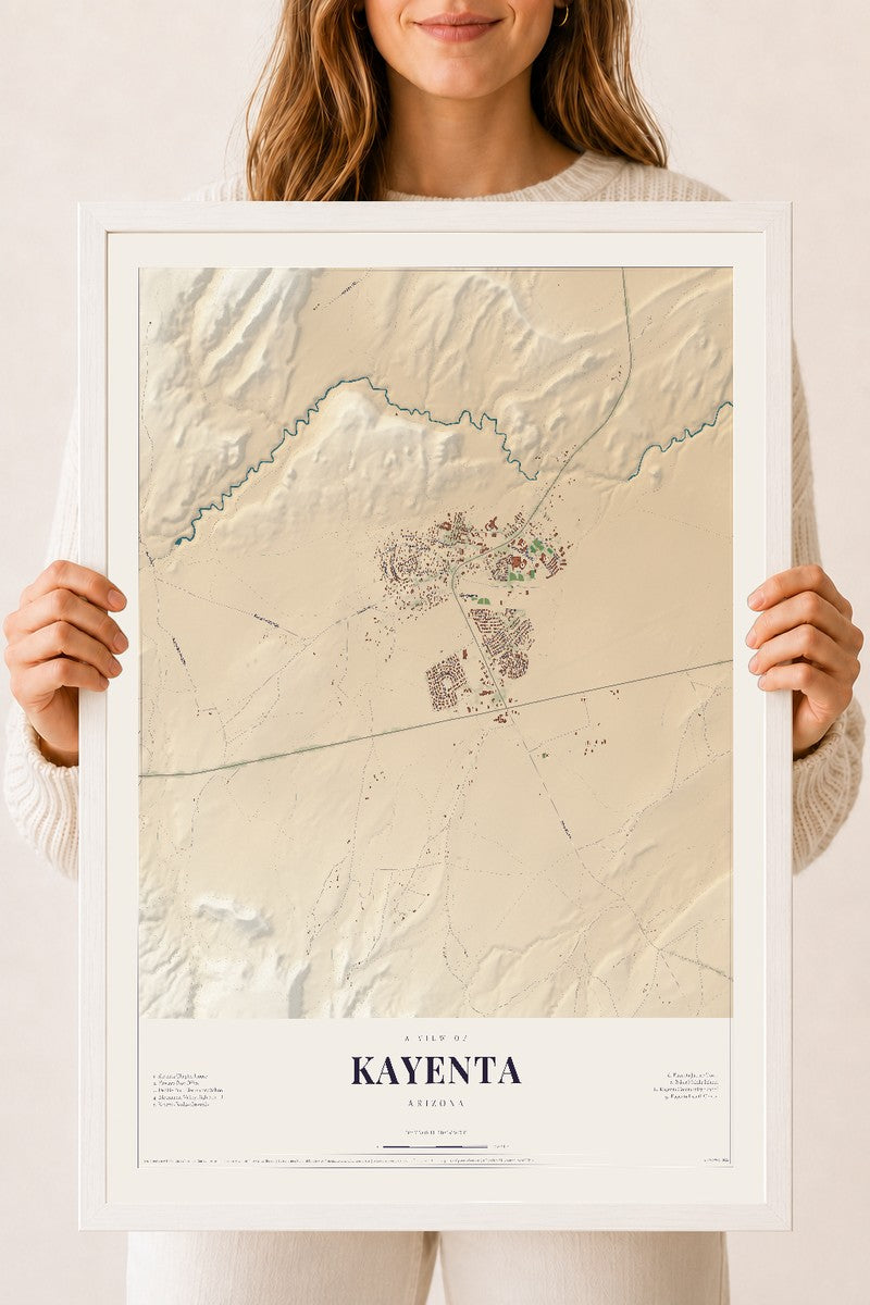 Kayenta, Arizona map print, 18" x 24", W/ White Ayous Wood Frame