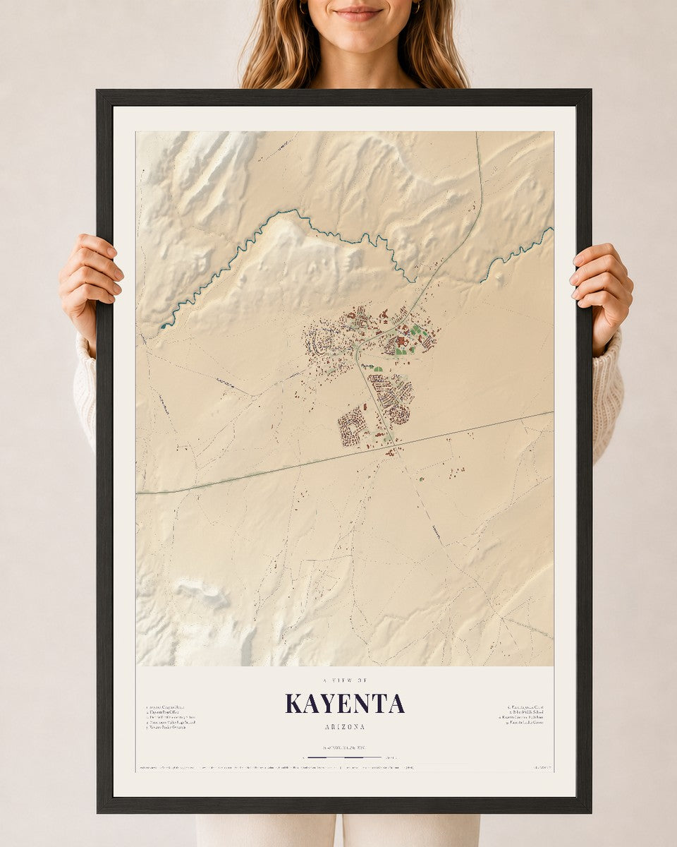 Kayenta, Arizona map print, 24" x 36", W/ Black Ayous Wood Frame