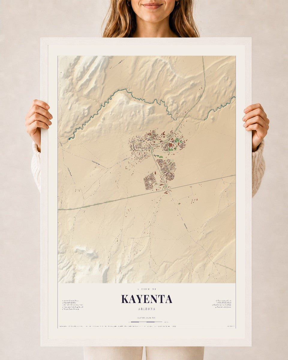 Kayenta, Arizona map print, 24" x 36", W/ White Ayous Wood Frame