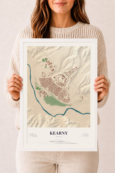 Kearny, Arizona map print, 12" x 18", W/ White Ayous Wood Frame