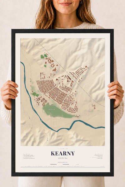 Kearny, Arizona map print, 18" x 24", W/ Black Ayous Wood Frame