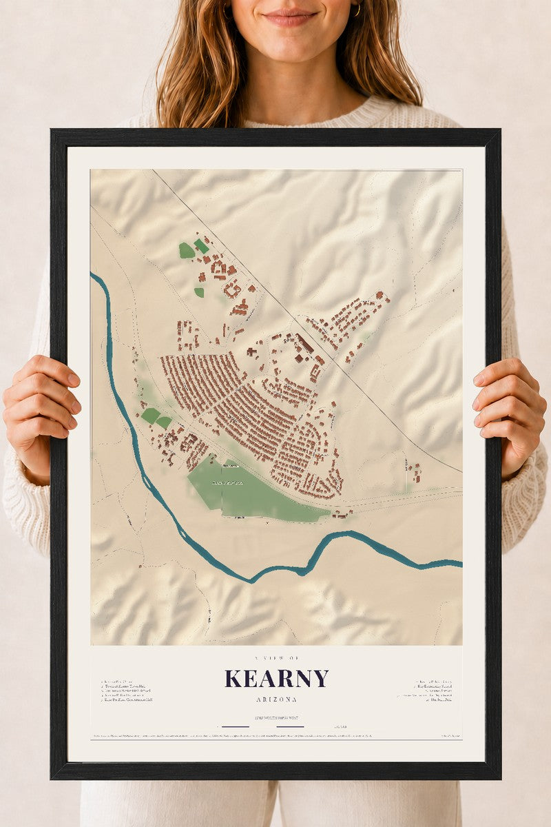 Kearny, Arizona map print, 18" x 24", W/ Black Ayous Wood Frame